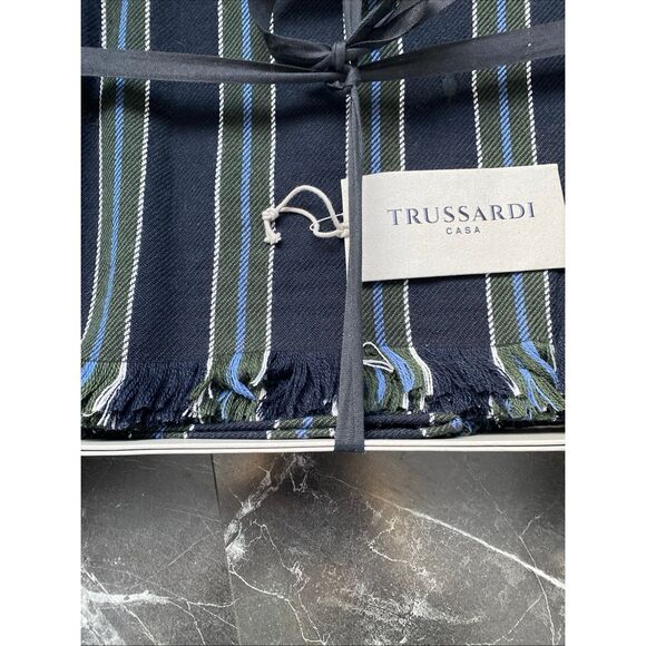 Trussardi Casa Throw Wool Blend Made In Italy 55x69” Blue, White & Green Stripes - Picture 4 of 6
